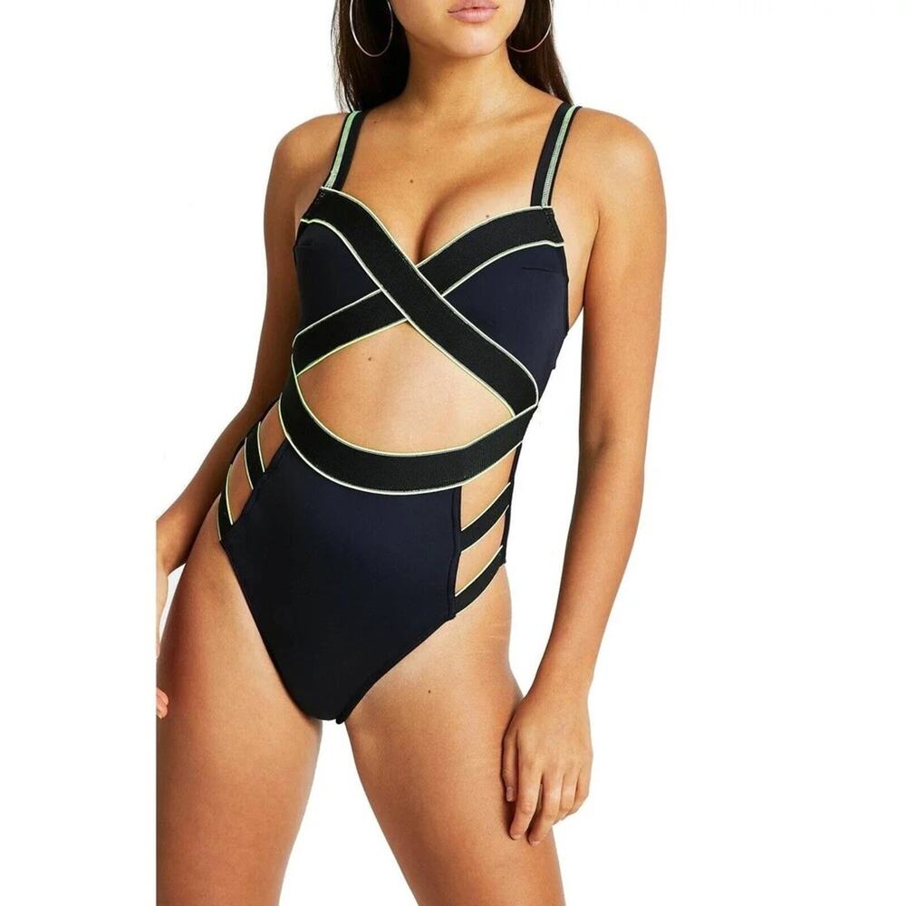 River Island Black One-Piece Swimsuit with Neon Trim